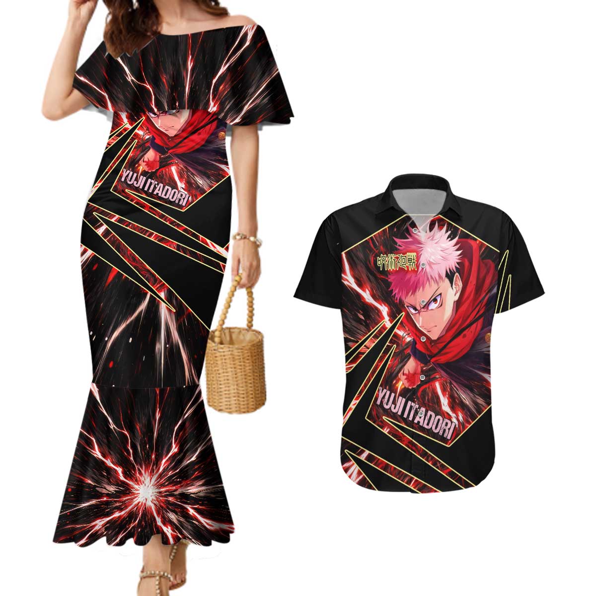 Yuji Itadori Black Flash Couples Matching Mermaid Dress and Hawaiian Shirt Dynamic Cursed Energy Burst Style