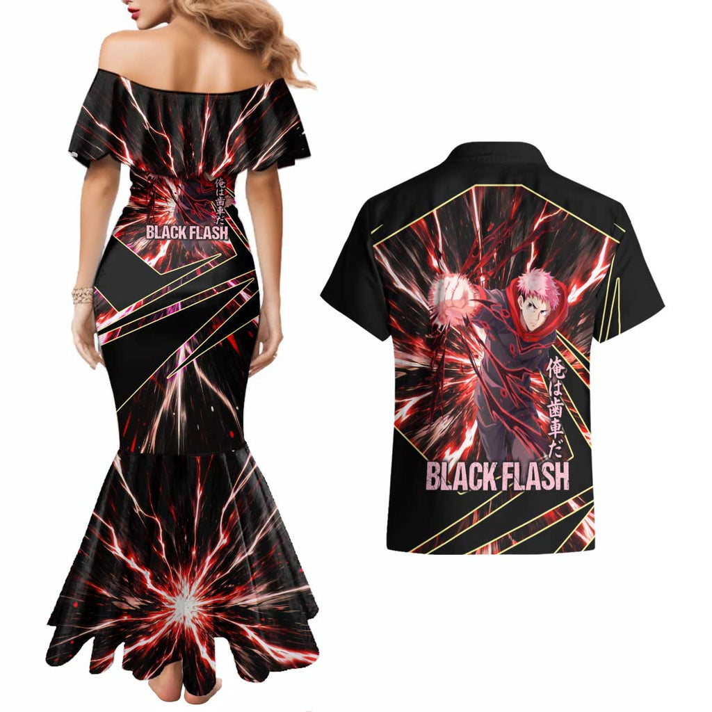 Yuji Itadori Black Flash Couples Matching Mermaid Dress and Hawaiian Shirt Dynamic Cursed Energy Burst Style