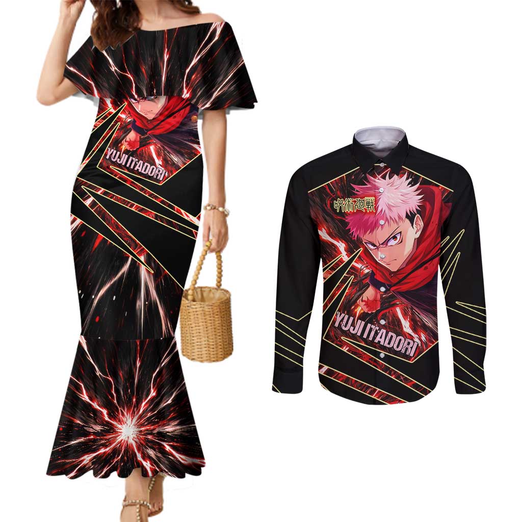 Yuji Itadori Black Flash Couples Matching Mermaid Dress and Long Sleeve Button Shirt Dynamic Cursed Energy Burst Style