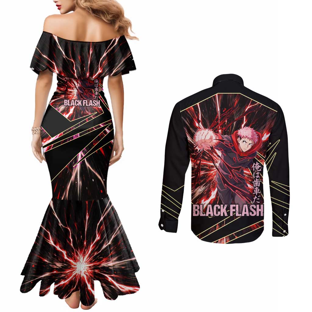 Yuji Itadori Black Flash Couples Matching Mermaid Dress and Long Sleeve Button Shirt Dynamic Cursed Energy Burst Style