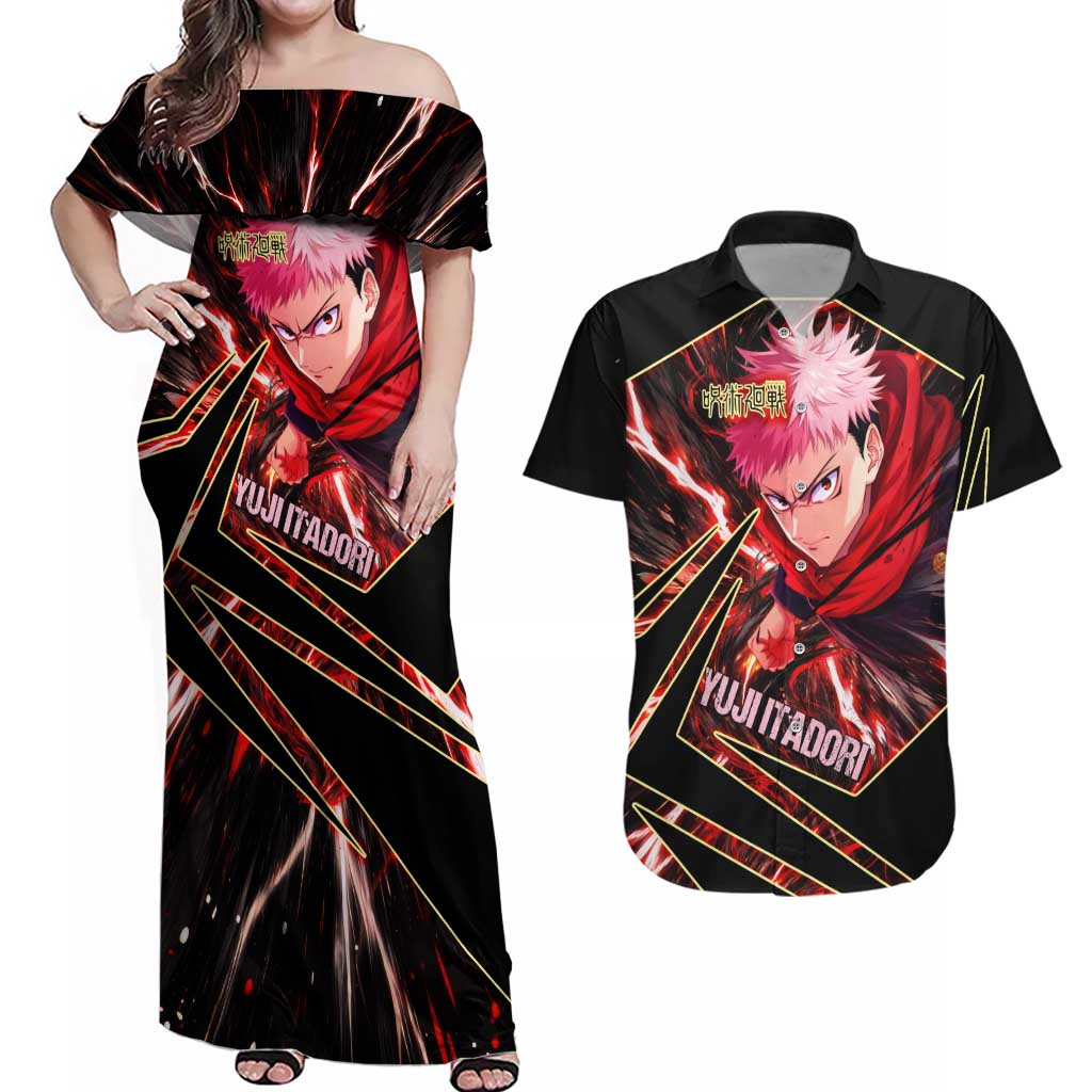 Yuji Itadori Black Flash Couples Matching Off Shoulder Maxi Dress and Hawaiian Shirt Dynamic Cursed Energy Burst Style