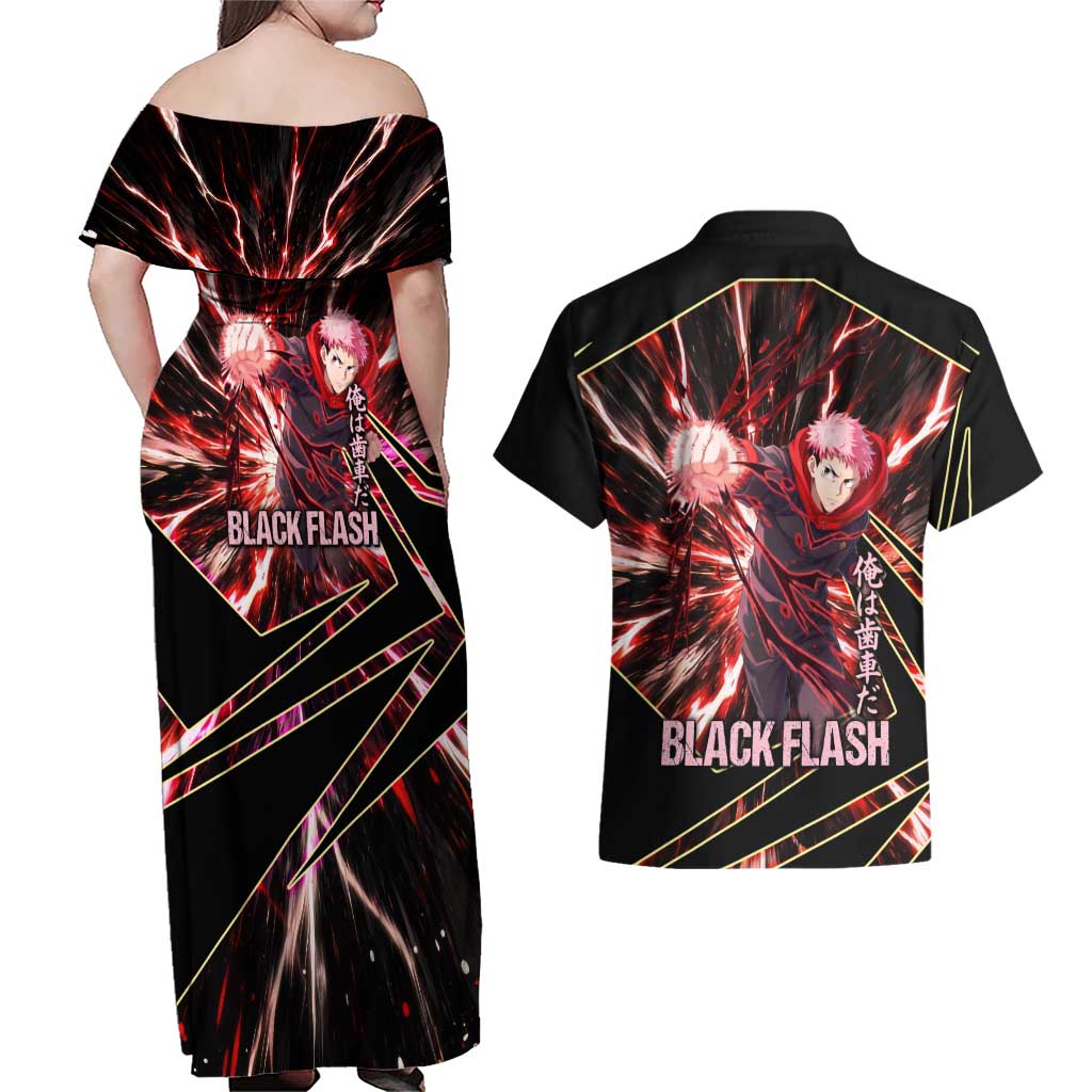 Yuji Itadori Black Flash Couples Matching Off Shoulder Maxi Dress and Hawaiian Shirt Dynamic Cursed Energy Burst Style