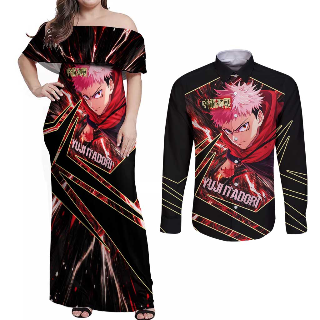 Yuji Itadori Black Flash Couples Matching Off Shoulder Maxi Dress and Long Sleeve Button Shirt Dynamic Cursed Energy Burst Style