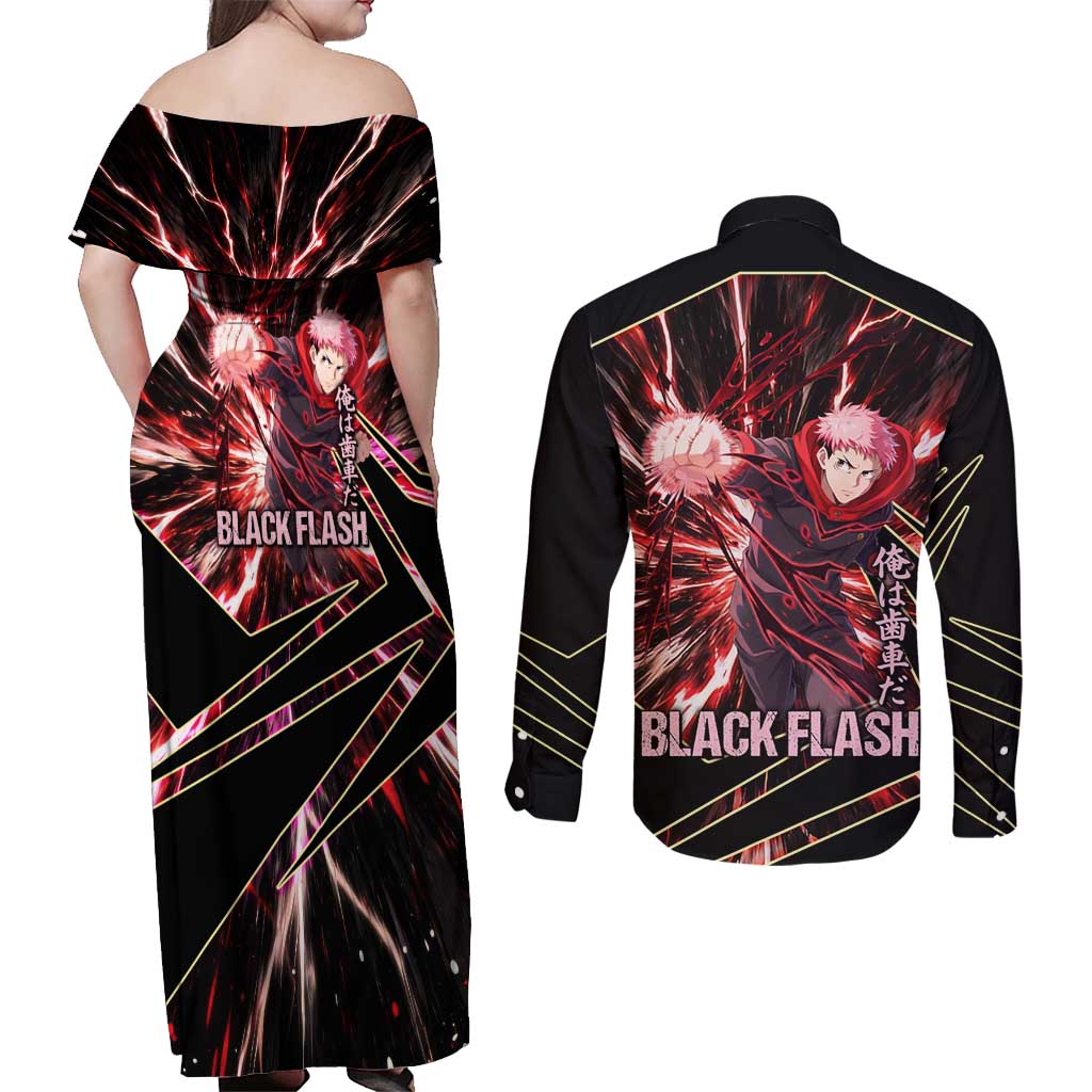 Yuji Itadori Black Flash Couples Matching Off Shoulder Maxi Dress and Long Sleeve Button Shirt Dynamic Cursed Energy Burst Style