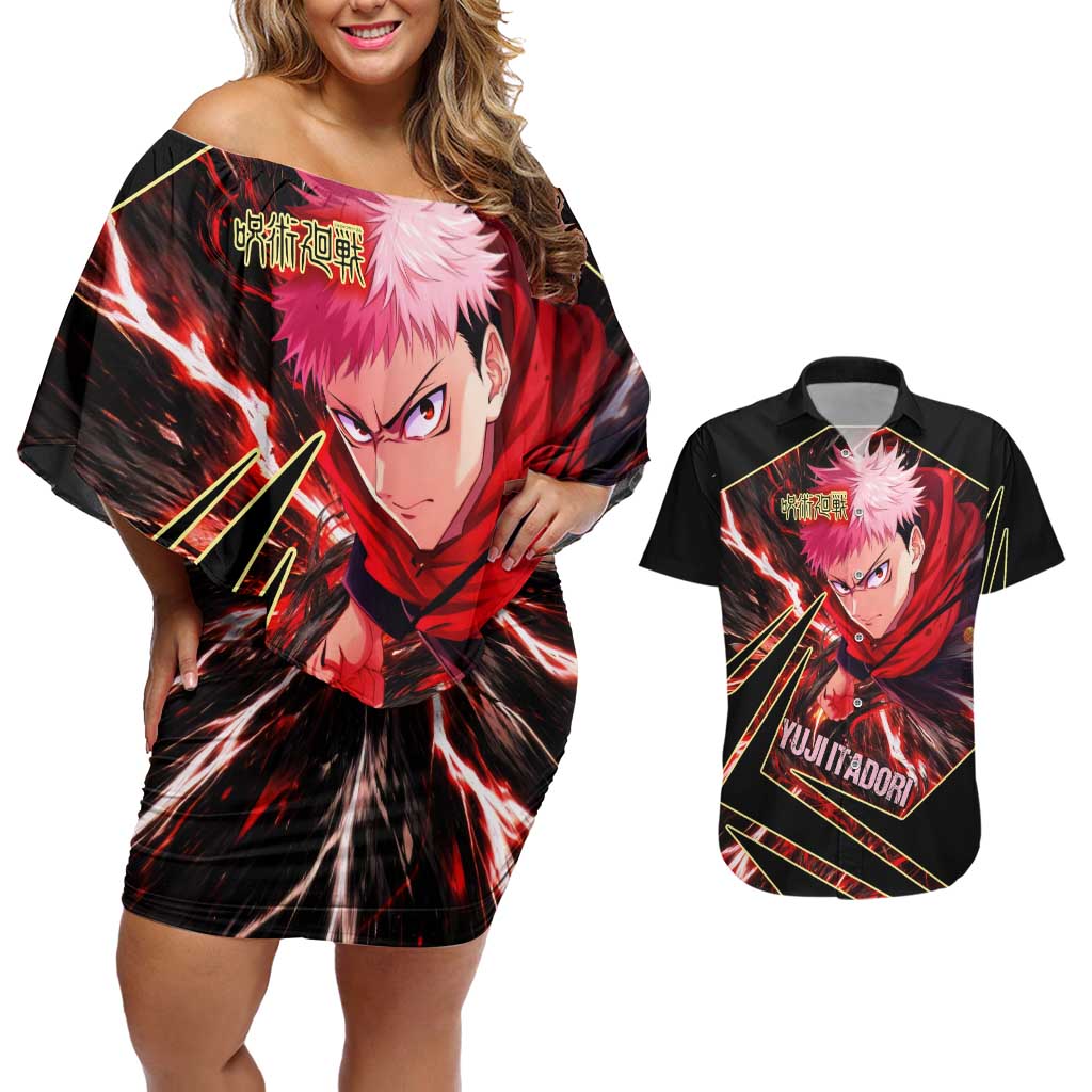 Yuji Itadori Black Flash Couples Matching Off Shoulder Short Dress and Hawaiian Shirt Dynamic Cursed Energy Burst Style