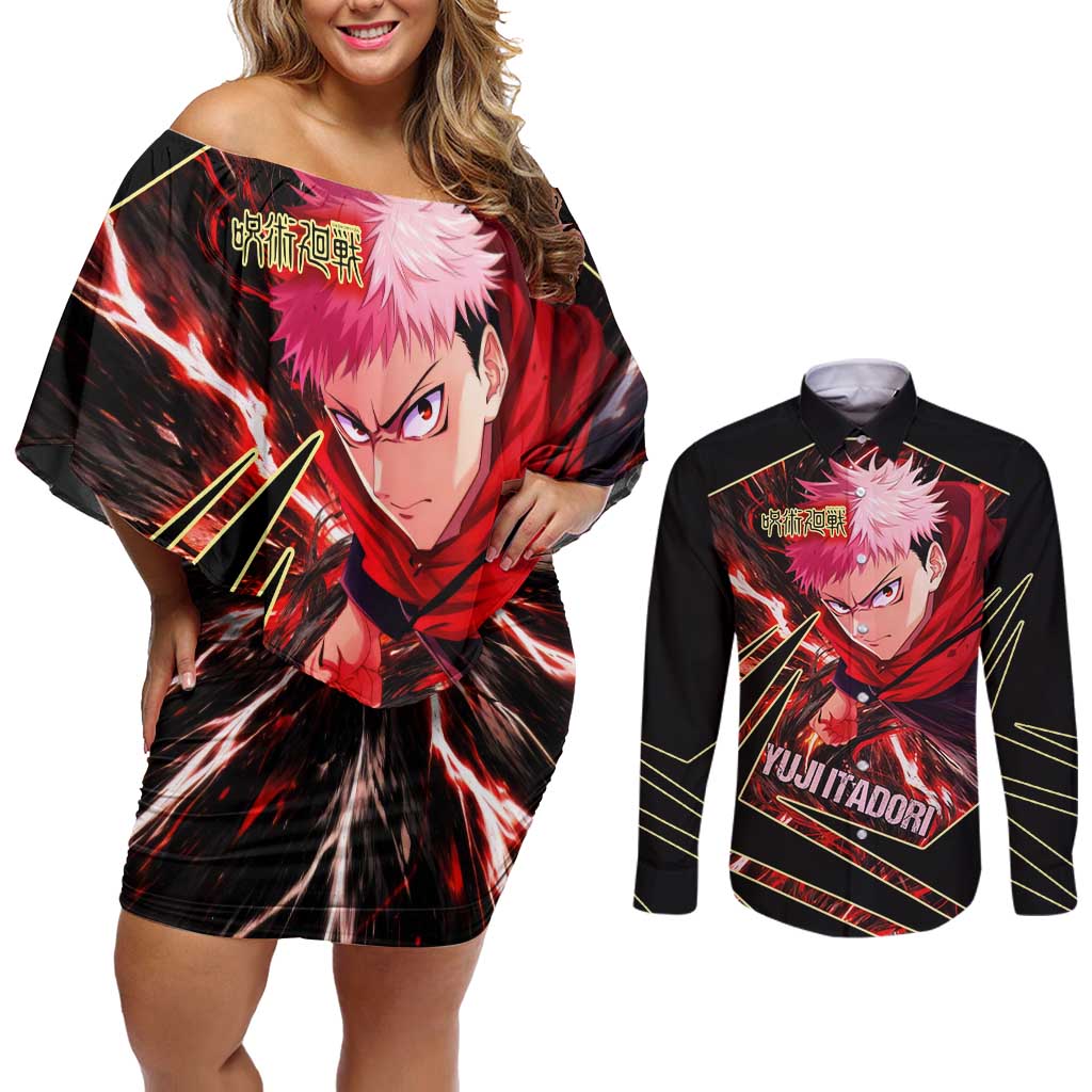 Yuji Itadori Black Flash Couples Matching Off Shoulder Short Dress and Long Sleeve Button Shirt Dynamic Cursed Energy Burst Style