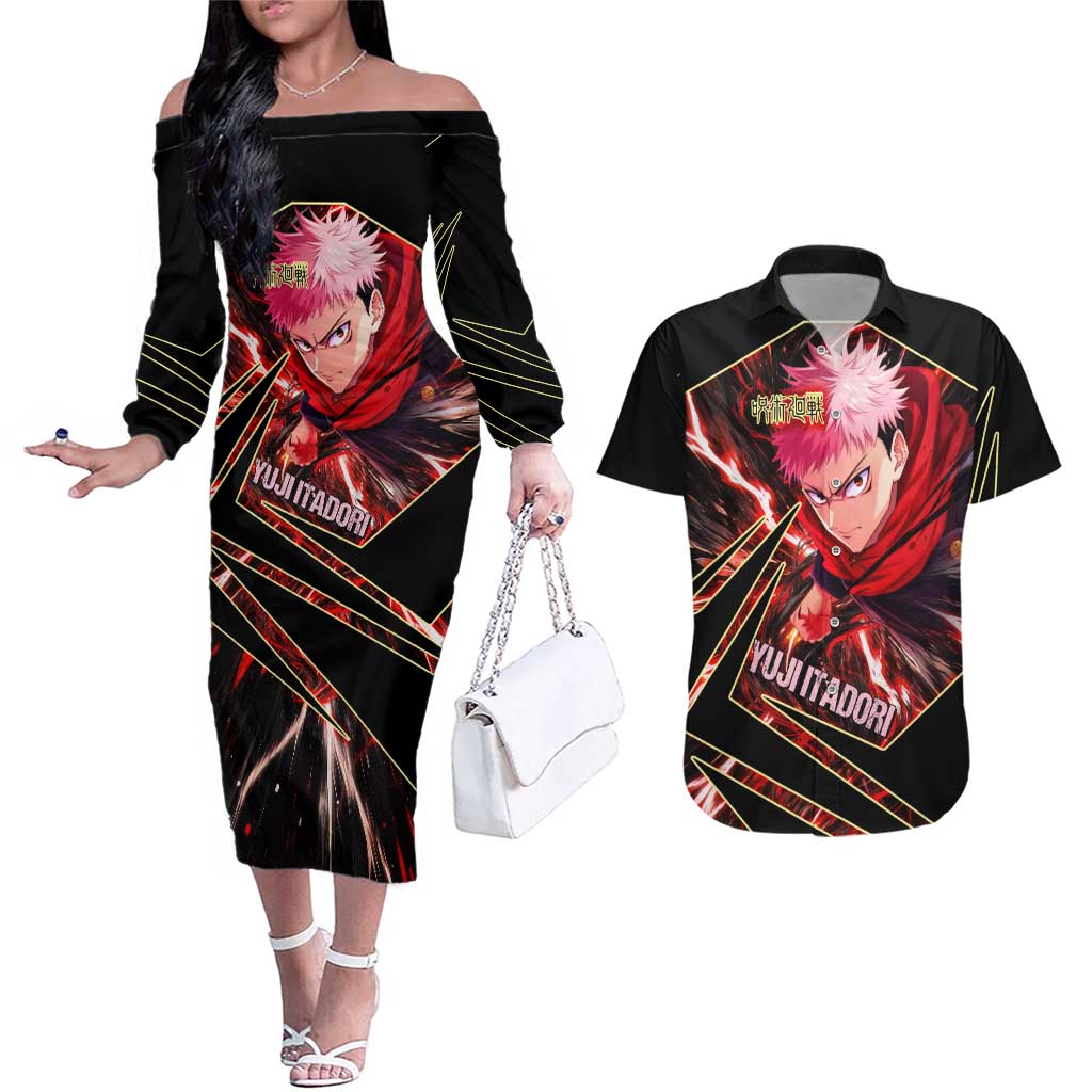 Yuji Itadori Black Flash Couples Matching Off The Shoulder Long Sleeve Dress and Hawaiian Shirt Dynamic Cursed Energy Burst Style