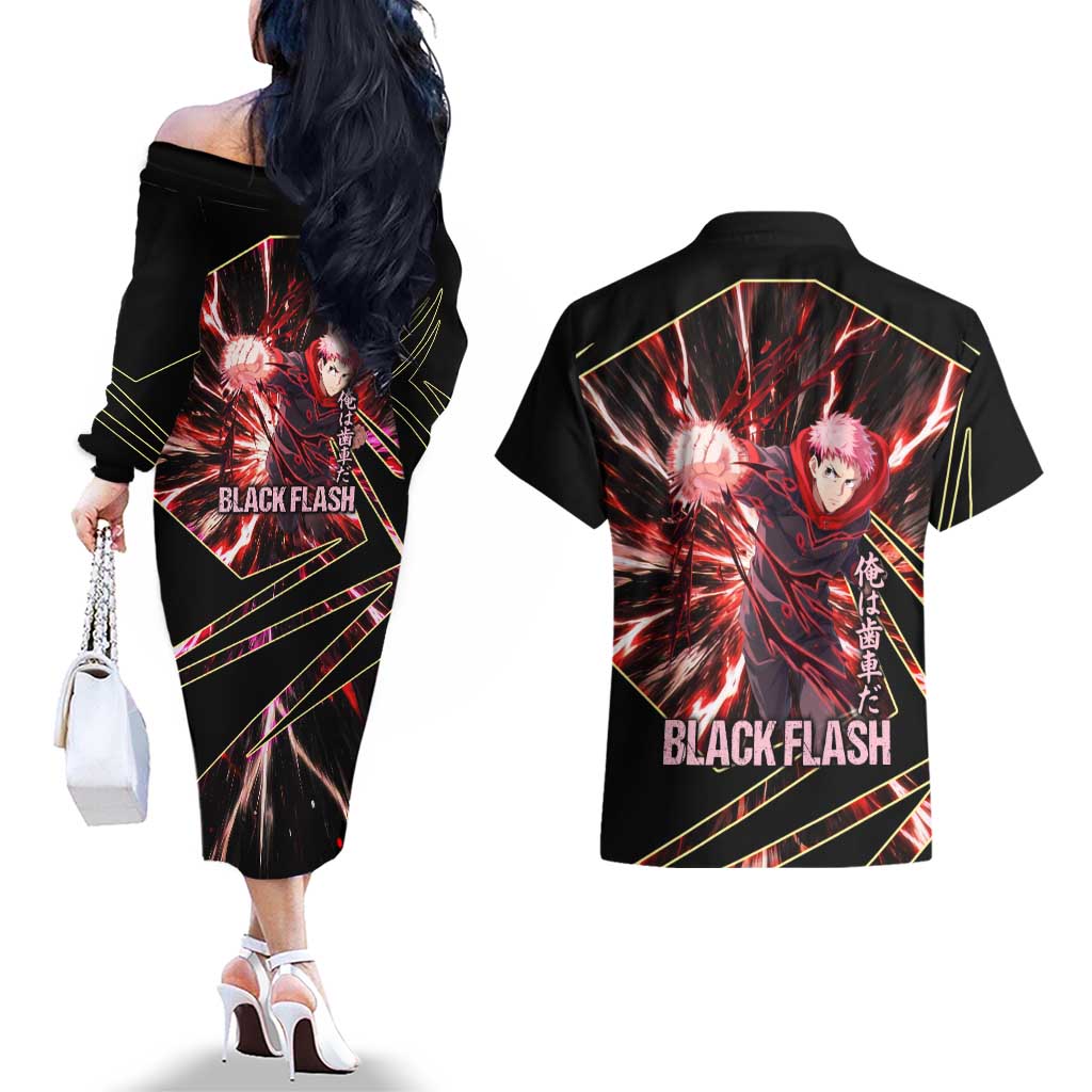 Yuji Itadori Black Flash Couples Matching Off The Shoulder Long Sleeve Dress and Hawaiian Shirt Dynamic Cursed Energy Burst Style
