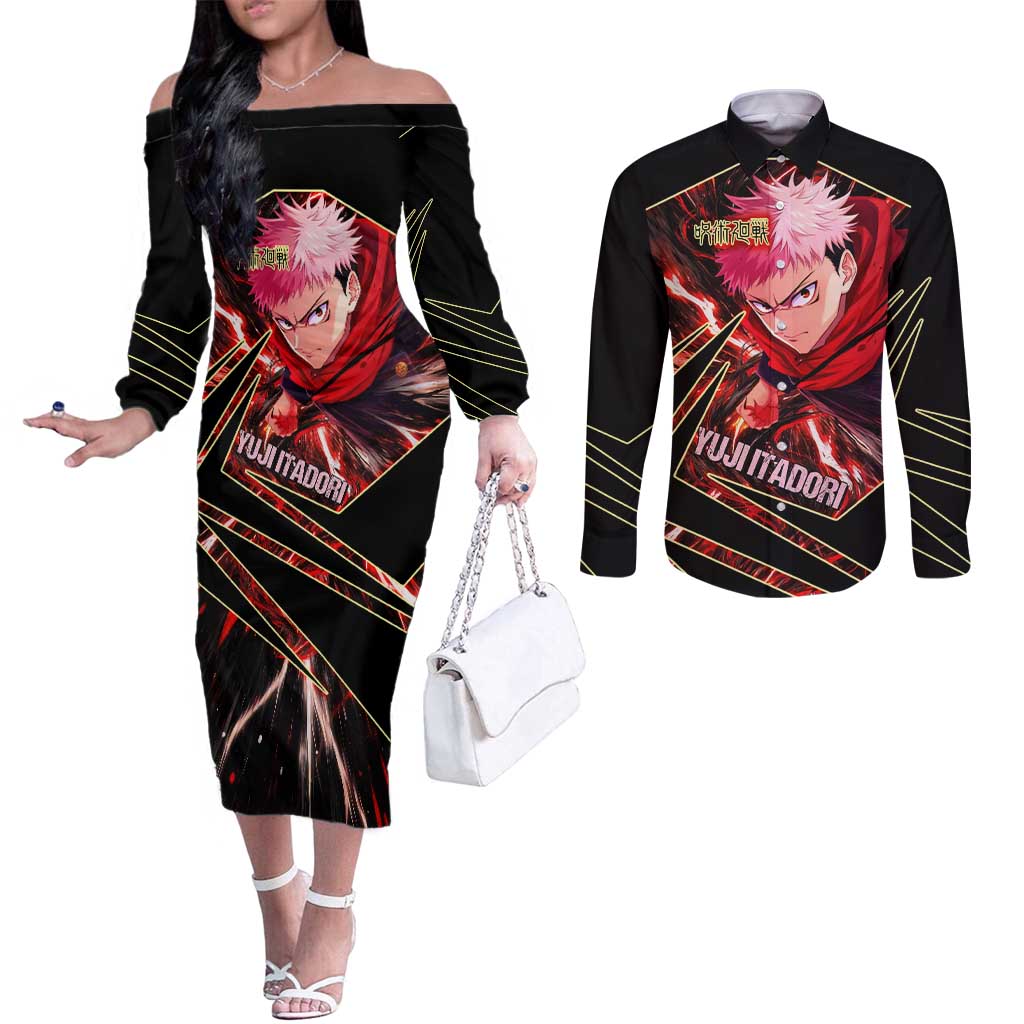Yuji Itadori Black Flash Couples Matching Off The Shoulder Long Sleeve Dress and Long Sleeve Button Shirt Dynamic Cursed Energy Burst Style