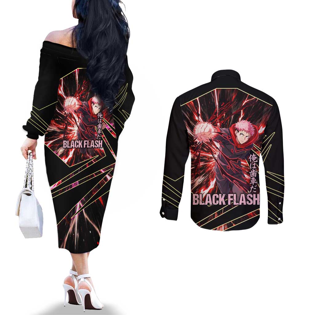 Yuji Itadori Black Flash Couples Matching Off The Shoulder Long Sleeve Dress and Long Sleeve Button Shirt Dynamic Cursed Energy Burst Style