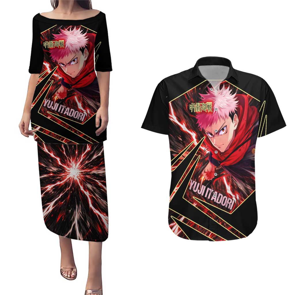 Yuji Itadori Black Flash Couples Matching Puletasi and Hawaiian Shirt Dynamic Cursed Energy Burst Style