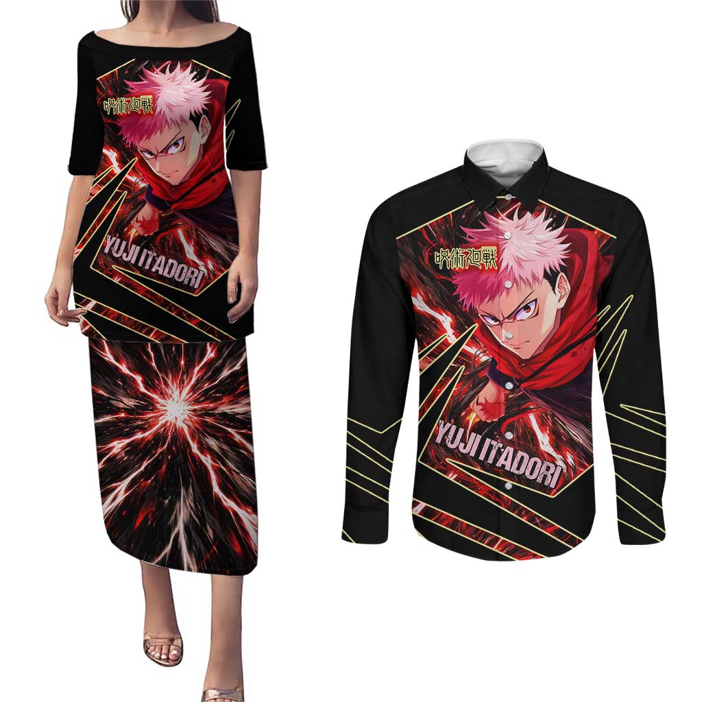 Yuji Itadori Black Flash Couples Matching Puletasi and Long Sleeve Button Shirt Dynamic Cursed Energy Burst Style