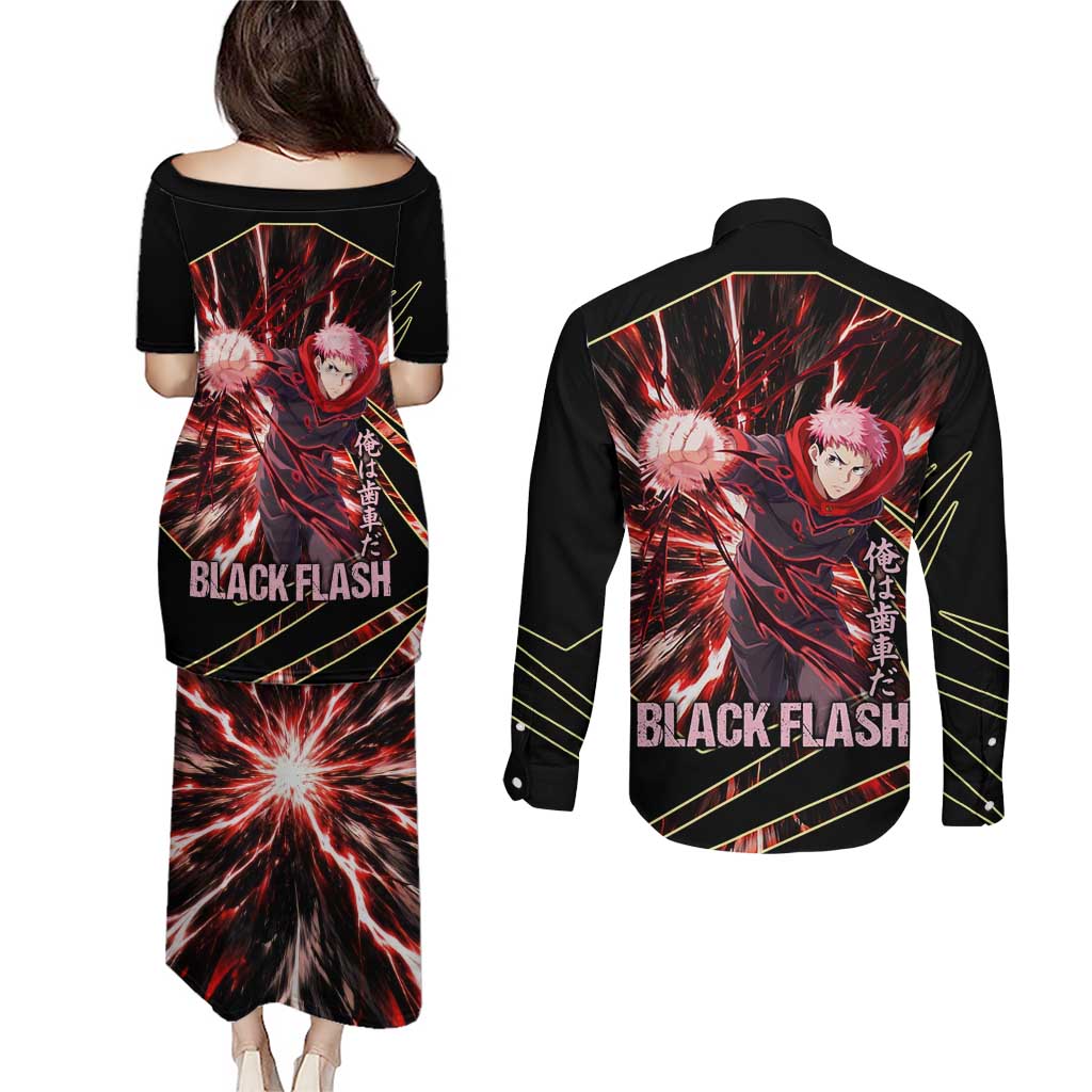 Yuji Itadori Black Flash Couples Matching Puletasi and Long Sleeve Button Shirt Dynamic Cursed Energy Burst Style
