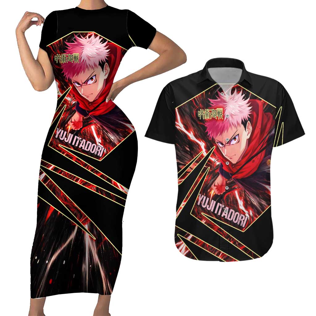 Yuji Itadori Black Flash Couples Matching Short Sleeve Bodycon Dress and Hawaiian Shirt Dynamic Cursed Energy Burst Style