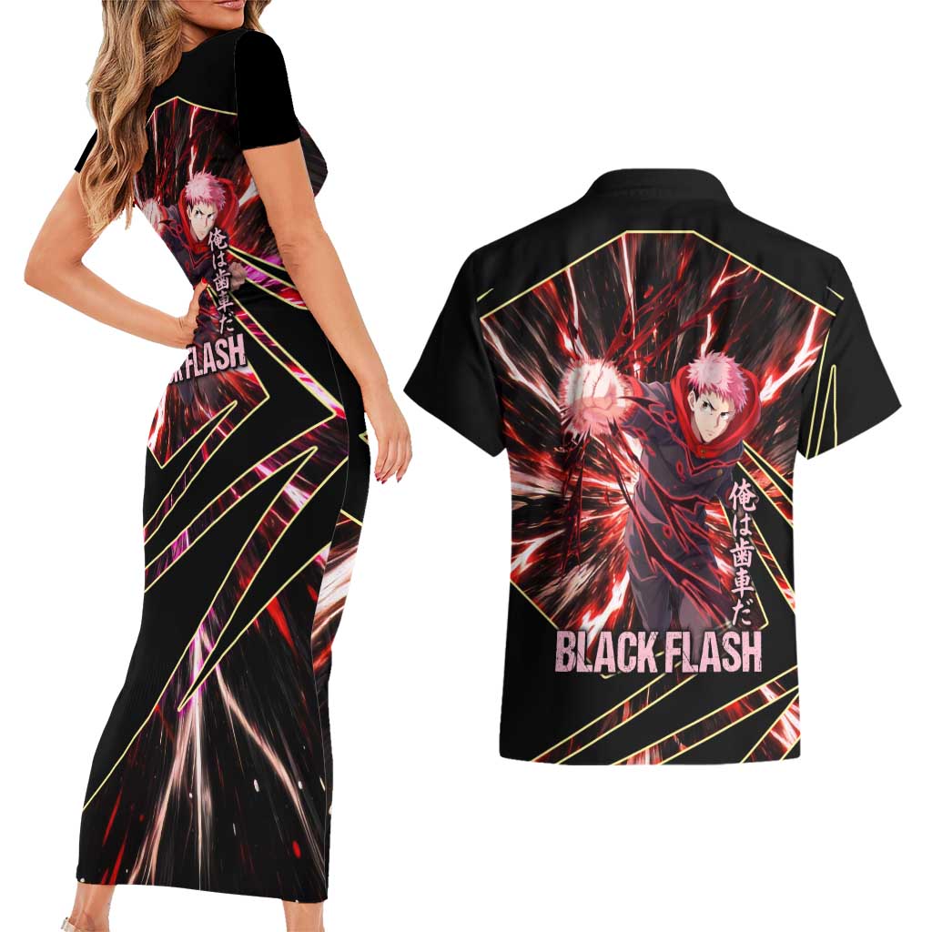 Yuji Itadori Black Flash Couples Matching Short Sleeve Bodycon Dress and Hawaiian Shirt Dynamic Cursed Energy Burst Style