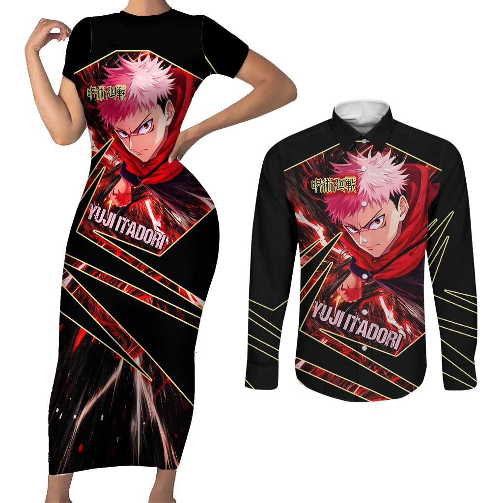 Yuji Itadori Black Flash Couples Matching Short Sleeve Bodycon Dress and Long Sleeve Button Shirt Dynamic Cursed Energy Burst Style