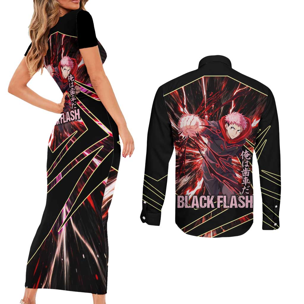 Yuji Itadori Black Flash Couples Matching Short Sleeve Bodycon Dress and Long Sleeve Button Shirt Dynamic Cursed Energy Burst Style