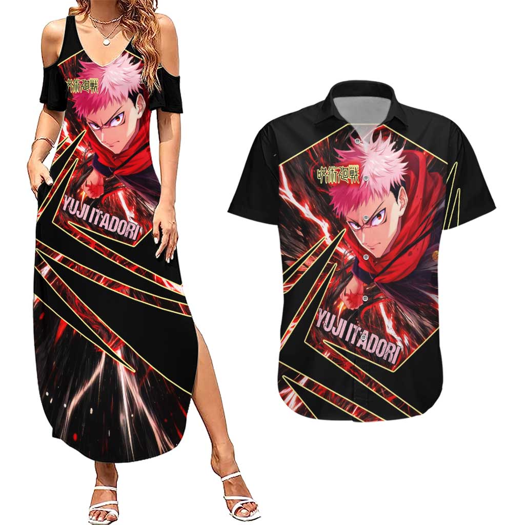 Yuji Itadori Black Flash Couples Matching Summer Maxi Dress and Hawaiian Shirt Dynamic Cursed Energy Burst Style