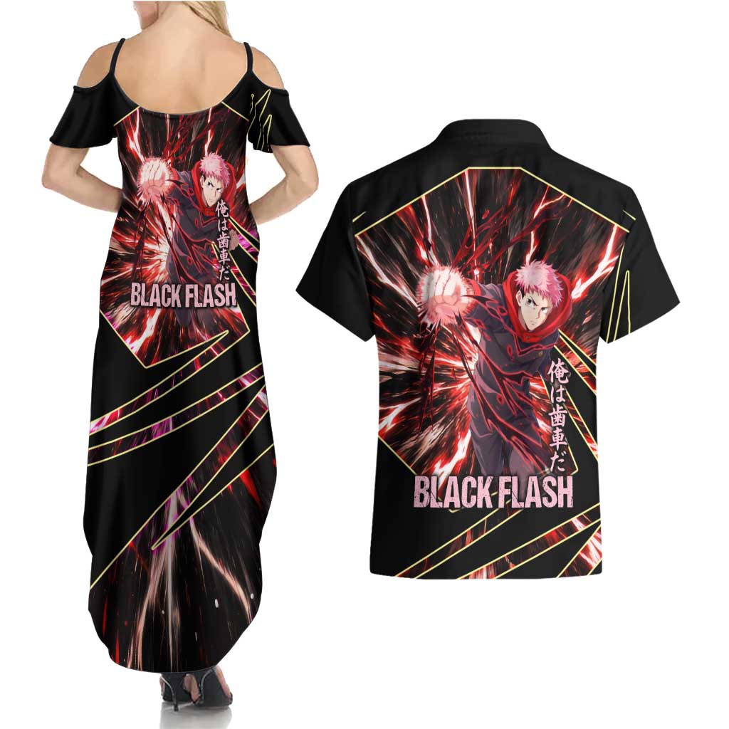 Yuji Itadori Black Flash Couples Matching Summer Maxi Dress and Hawaiian Shirt Dynamic Cursed Energy Burst Style