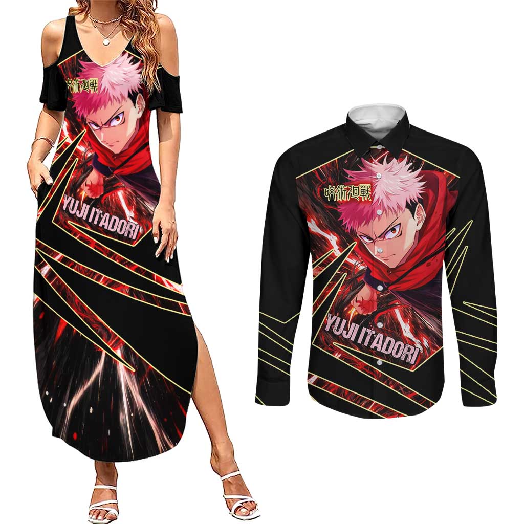 Yuji Itadori Black Flash Couples Matching Summer Maxi Dress and Long Sleeve Button Shirt Dynamic Cursed Energy Burst Style