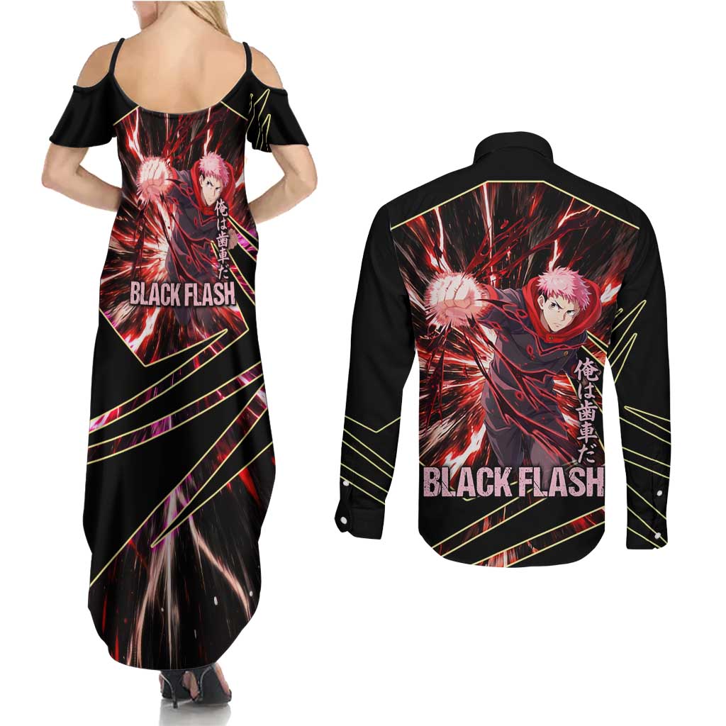 Yuji Itadori Black Flash Couples Matching Summer Maxi Dress and Long Sleeve Button Shirt Dynamic Cursed Energy Burst Style