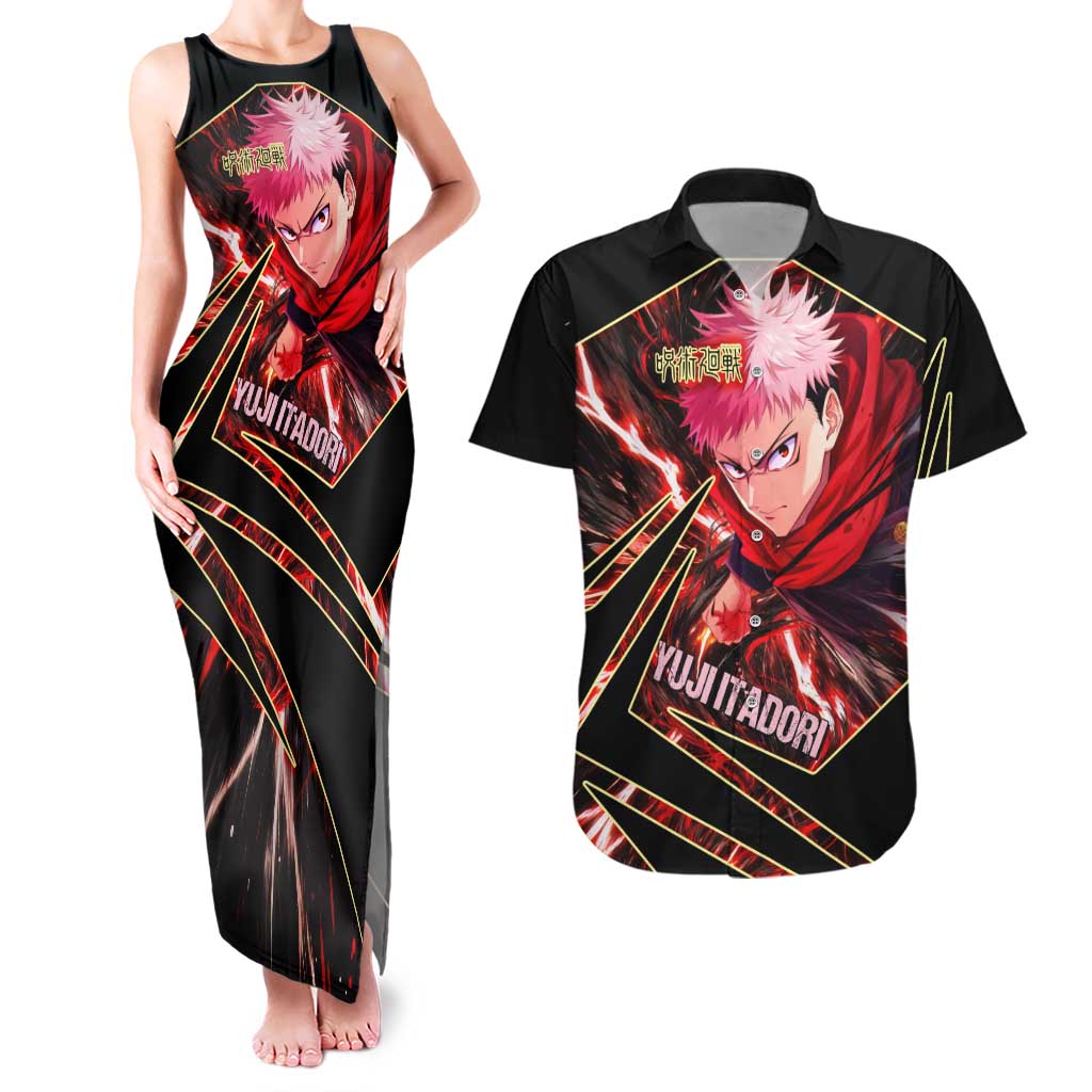 Yuji Itadori Black Flash Couples Matching Tank Maxi Dress and Hawaiian Shirt Dynamic Cursed Energy Burst Style