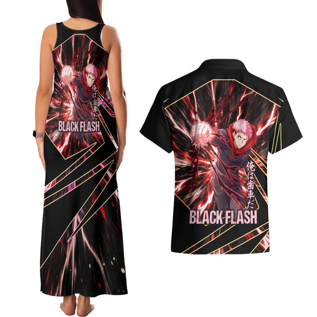 Yuji Itadori Black Flash Couples Matching Tank Maxi Dress and Hawaiian Shirt Dynamic Cursed Energy Burst Style