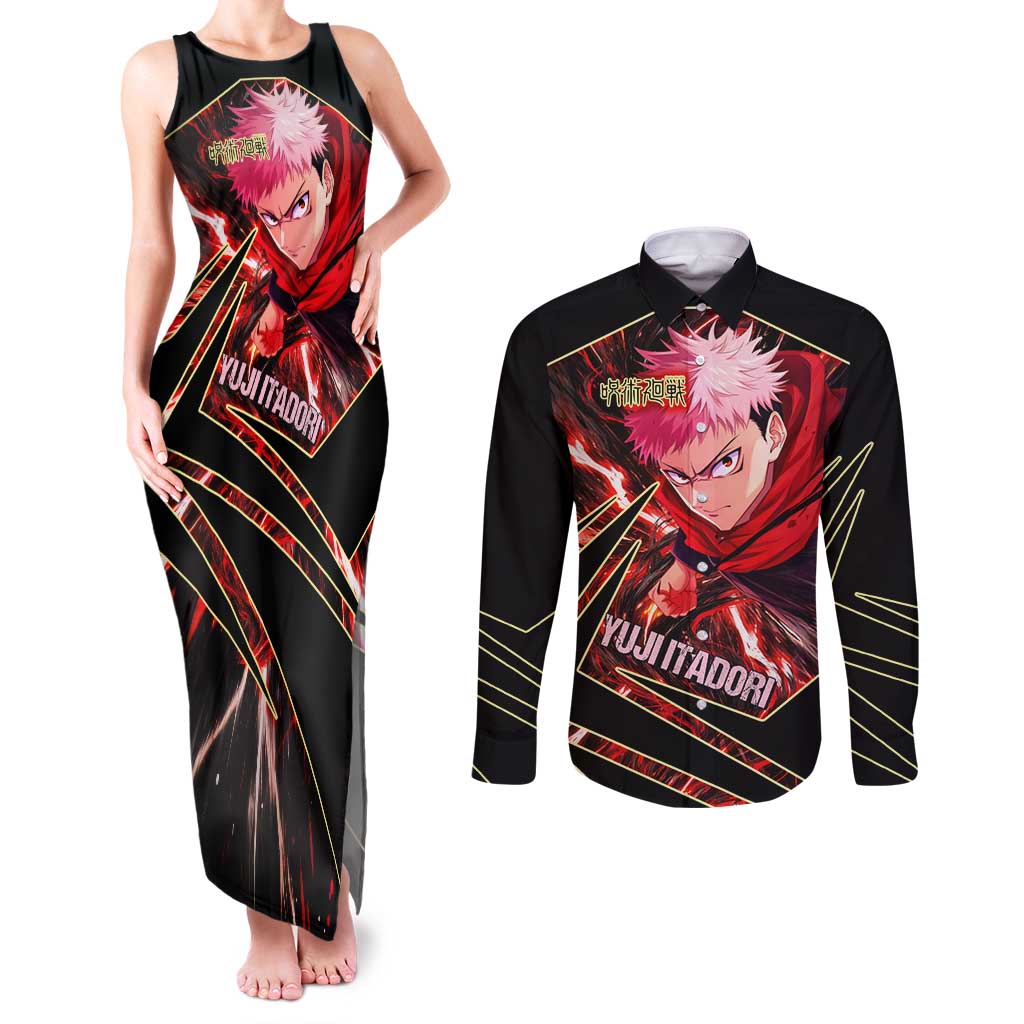 Yuji Itadori Black Flash Couples Matching Tank Maxi Dress and Long Sleeve Button Shirt Dynamic Cursed Energy Burst Style