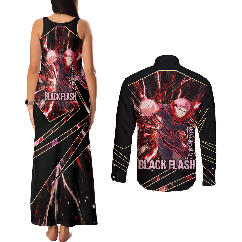 Yuji Itadori Black Flash Couples Matching Tank Maxi Dress and Long Sleeve Button Shirt Dynamic Cursed Energy Burst Style