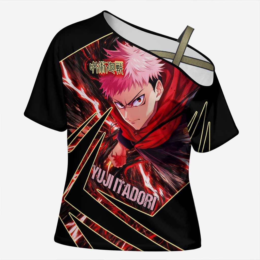 Yuji Itadori Black Flash Cross Shoulder Shirt Dynamic Cursed Energy Burst Style