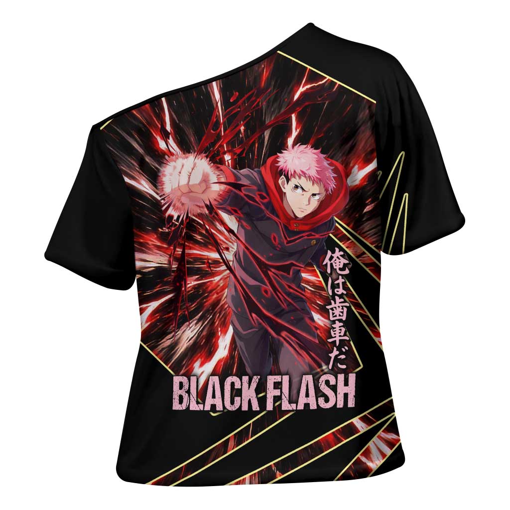 Yuji Itadori Black Flash Cross Shoulder Shirt Dynamic Cursed Energy Burst Style