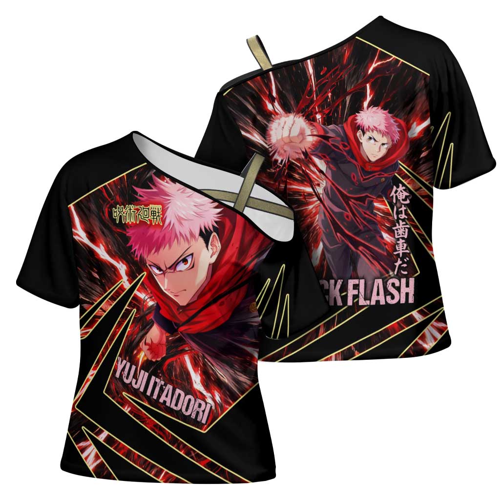 Yuji Itadori Black Flash Cross Shoulder Shirt Dynamic Cursed Energy Burst Style