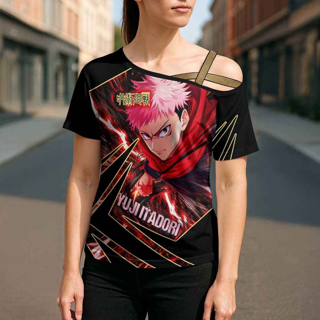 Yuji Itadori Black Flash Cross Shoulder Shirt Dynamic Cursed Energy Burst Style