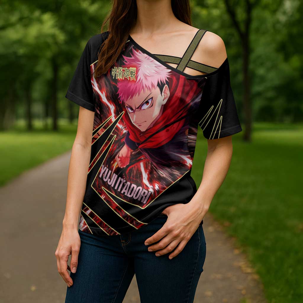Yuji Itadori Black Flash Cross Shoulder Shirt Dynamic Cursed Energy Burst Style