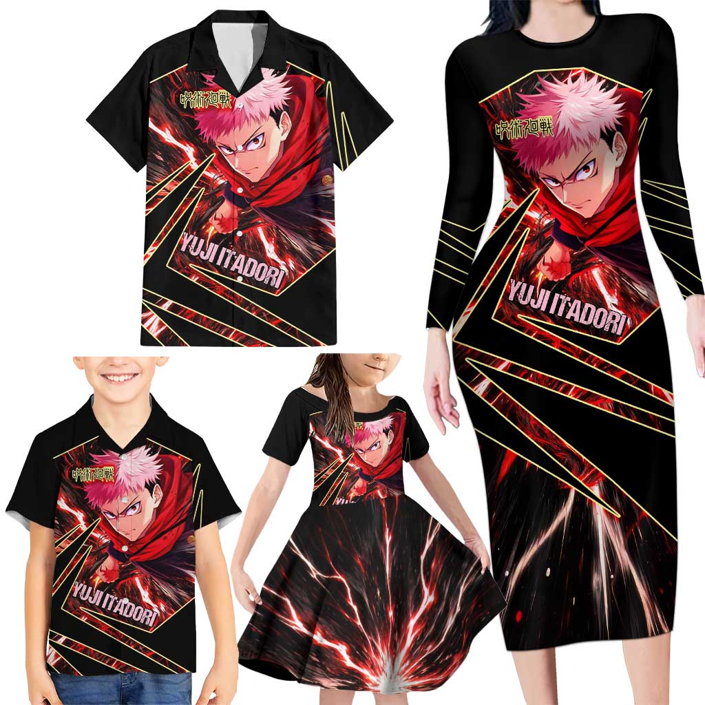 Yuji Itadori Black Flash Family Matching Long Sleeve Bodycon Dress and Hawaiian Shirt Dynamic Cursed Energy Burst Style