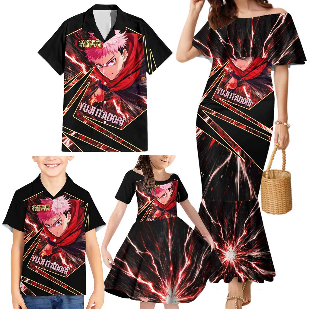 Yuji Itadori Black Flash Family Matching Mermaid Dress and Hawaiian Shirt Dynamic Cursed Energy Burst Style