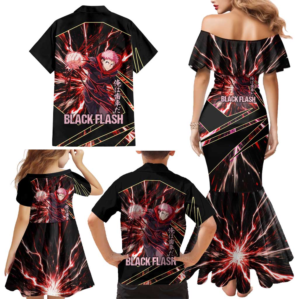 Yuji Itadori Black Flash Family Matching Mermaid Dress and Hawaiian Shirt Dynamic Cursed Energy Burst Style