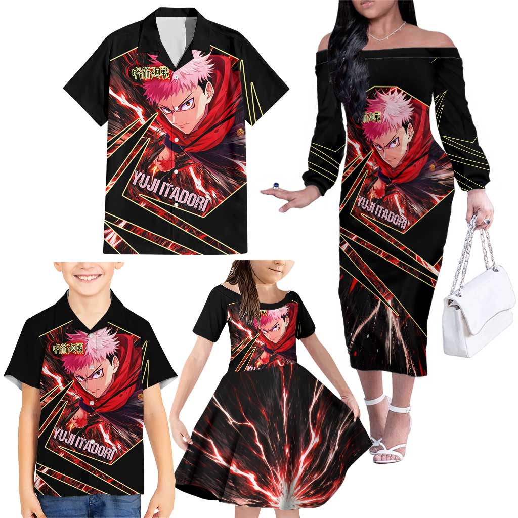 Yuji Itadori Black Flash Family Matching Off The Shoulder Long Sleeve Dress and Hawaiian Shirt Dynamic Cursed Energy Burst Style
