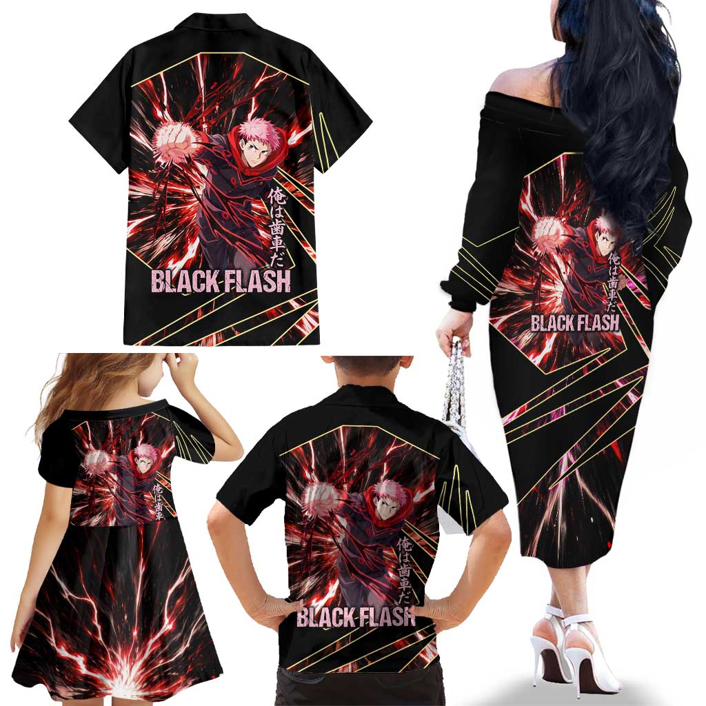 Yuji Itadori Black Flash Family Matching Off The Shoulder Long Sleeve Dress and Hawaiian Shirt Dynamic Cursed Energy Burst Style
