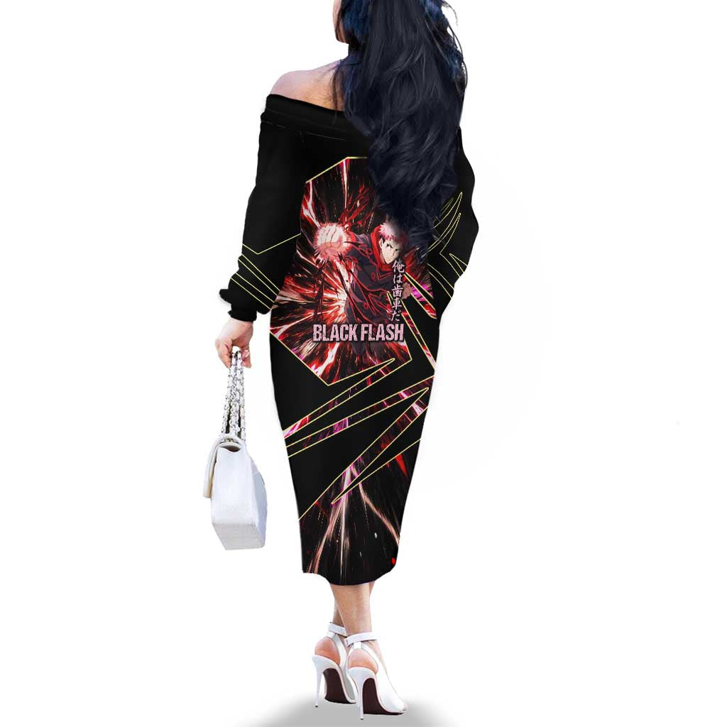 Yuji Itadori Black Flash Family Matching Off The Shoulder Long Sleeve Dress and Hawaiian Shirt Dynamic Cursed Energy Burst Style