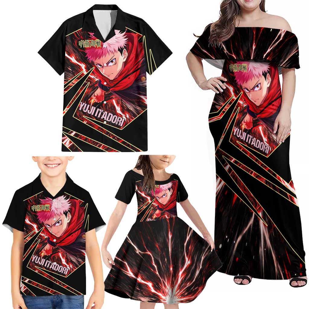 Yuji Itadori Black Flash Family Matching Off Shoulder Maxi Dress and Hawaiian Shirt Dynamic Cursed Energy Burst Style