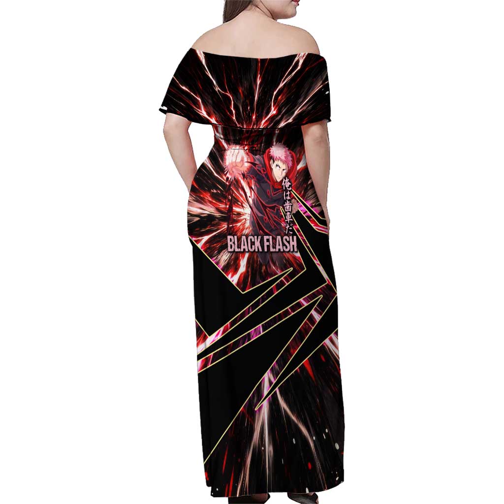 Yuji Itadori Black Flash Family Matching Off Shoulder Maxi Dress and Hawaiian Shirt Dynamic Cursed Energy Burst Style