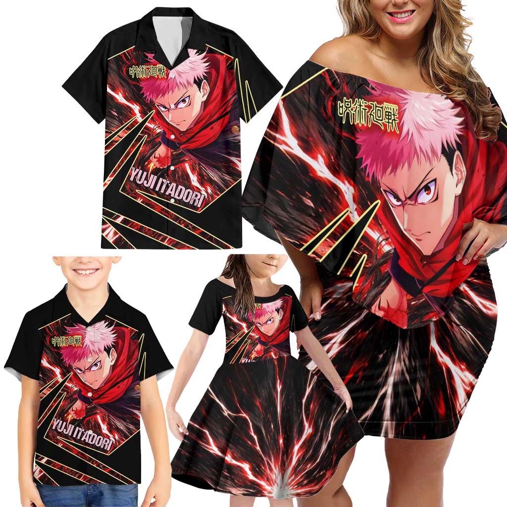 Yuji Itadori Black Flash Family Matching Off Shoulder Short Dress and Hawaiian Shirt Dynamic Cursed Energy Burst Style