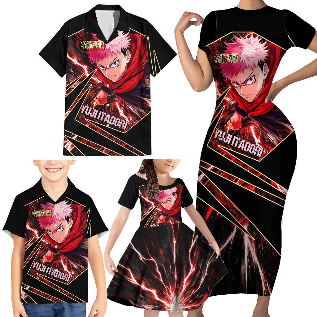 Yuji Itadori Black Flash Family Matching Short Sleeve Bodycon Dress and Hawaiian Shirt Dynamic Cursed Energy Burst Style