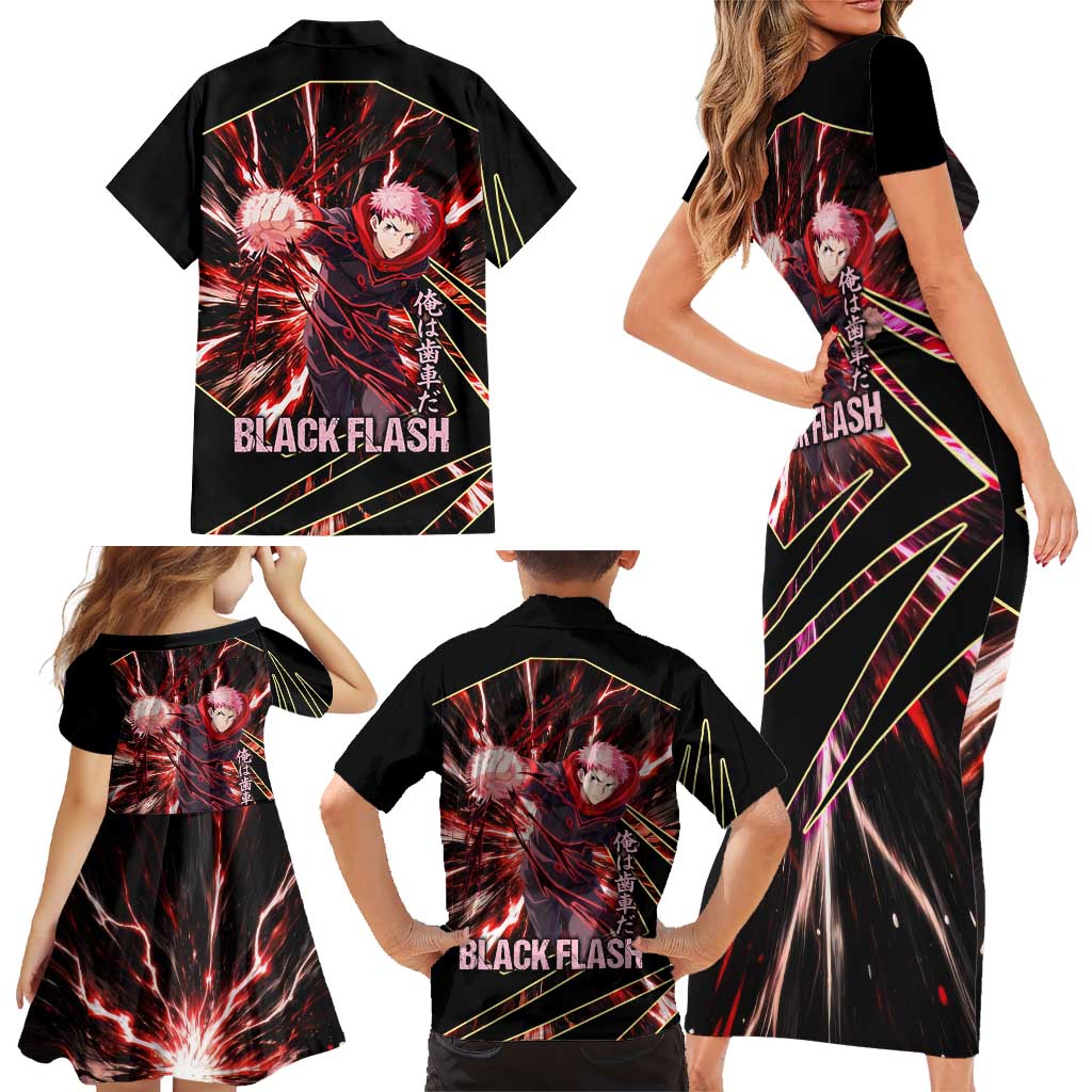 Yuji Itadori Black Flash Family Matching Short Sleeve Bodycon Dress and Hawaiian Shirt Dynamic Cursed Energy Burst Style