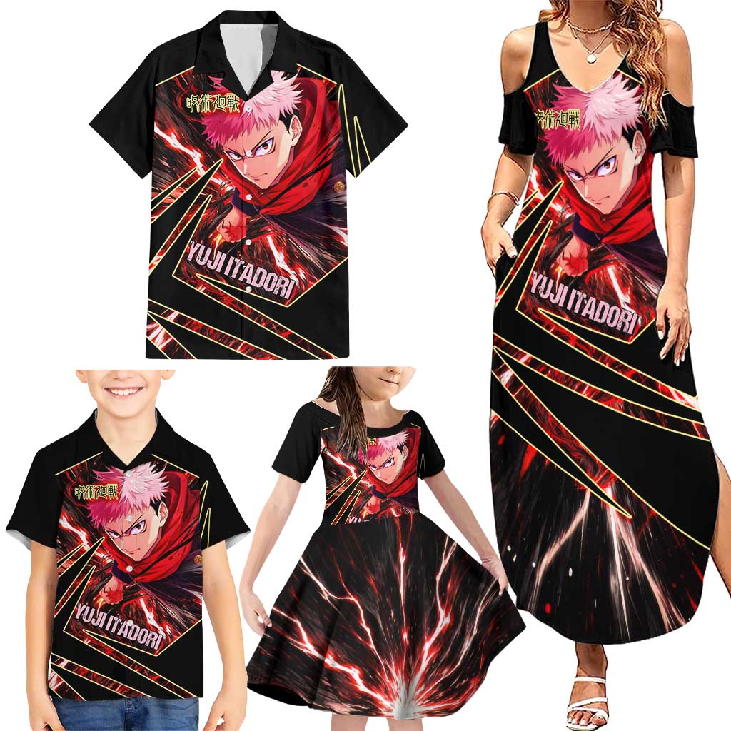 Yuji Itadori Black Flash Family Matching Summer Maxi Dress and Hawaiian Shirt Dynamic Cursed Energy Burst Style