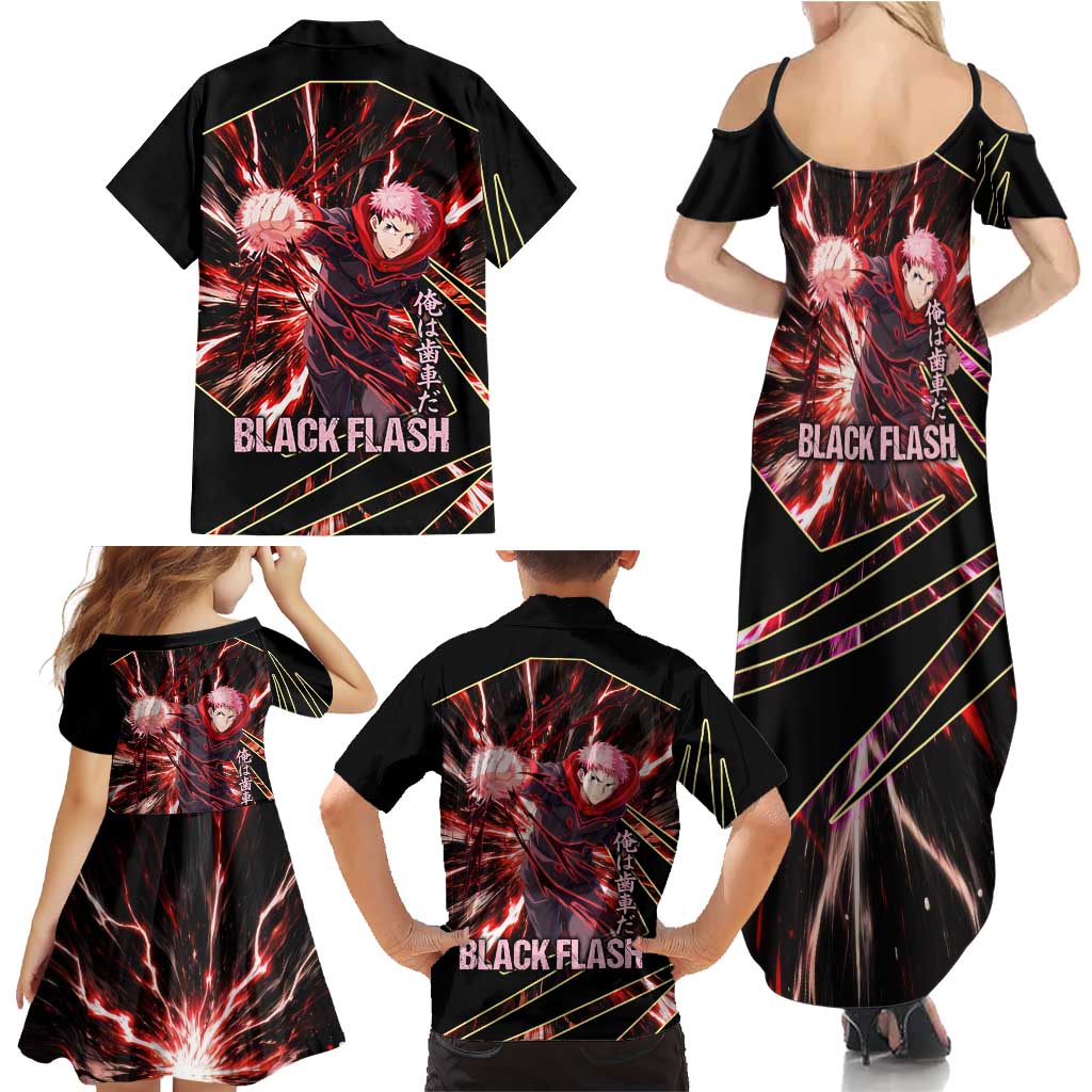 Yuji Itadori Black Flash Family Matching Summer Maxi Dress and Hawaiian Shirt Dynamic Cursed Energy Burst Style