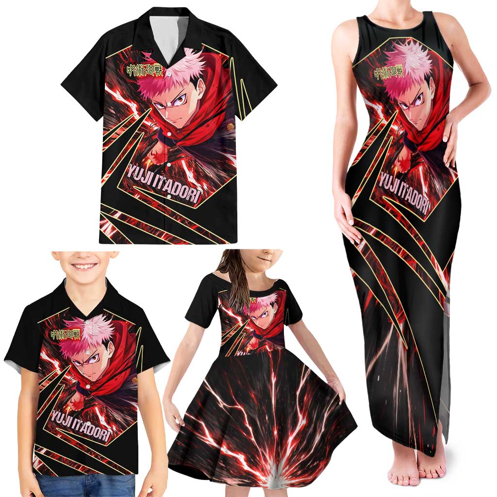 Yuji Itadori Black Flash Family Matching Tank Maxi Dress and Hawaiian Shirt Dynamic Cursed Energy Burst Style