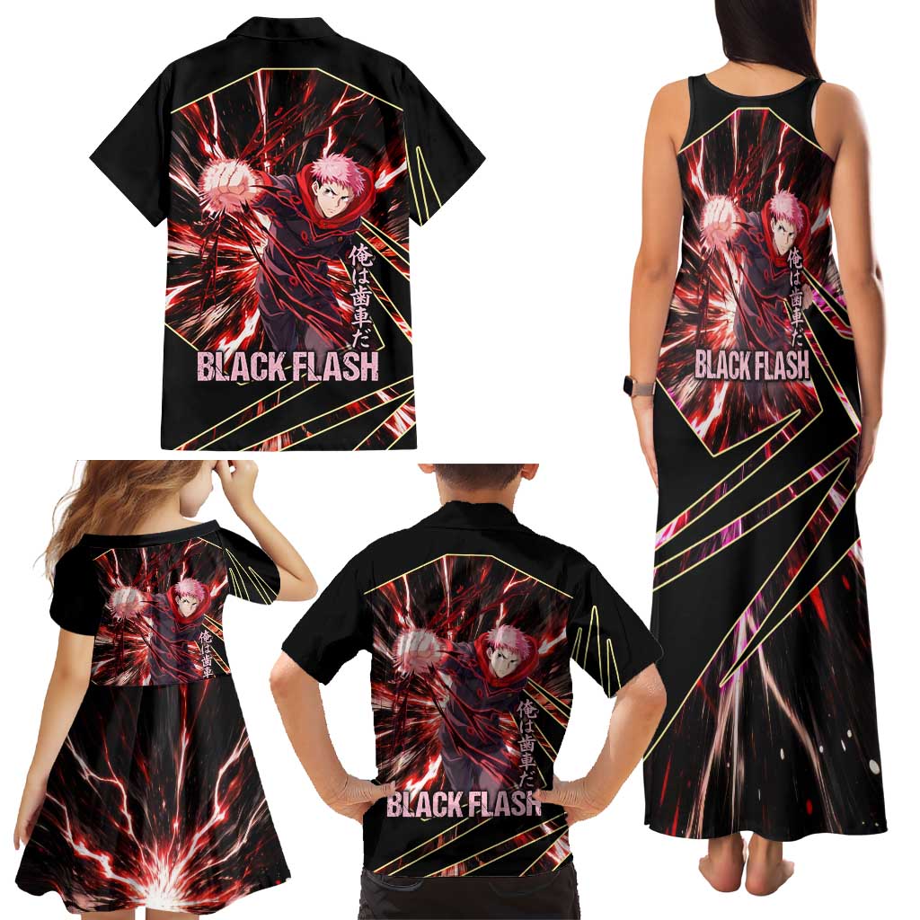 Yuji Itadori Black Flash Family Matching Tank Maxi Dress and Hawaiian Shirt Dynamic Cursed Energy Burst Style
