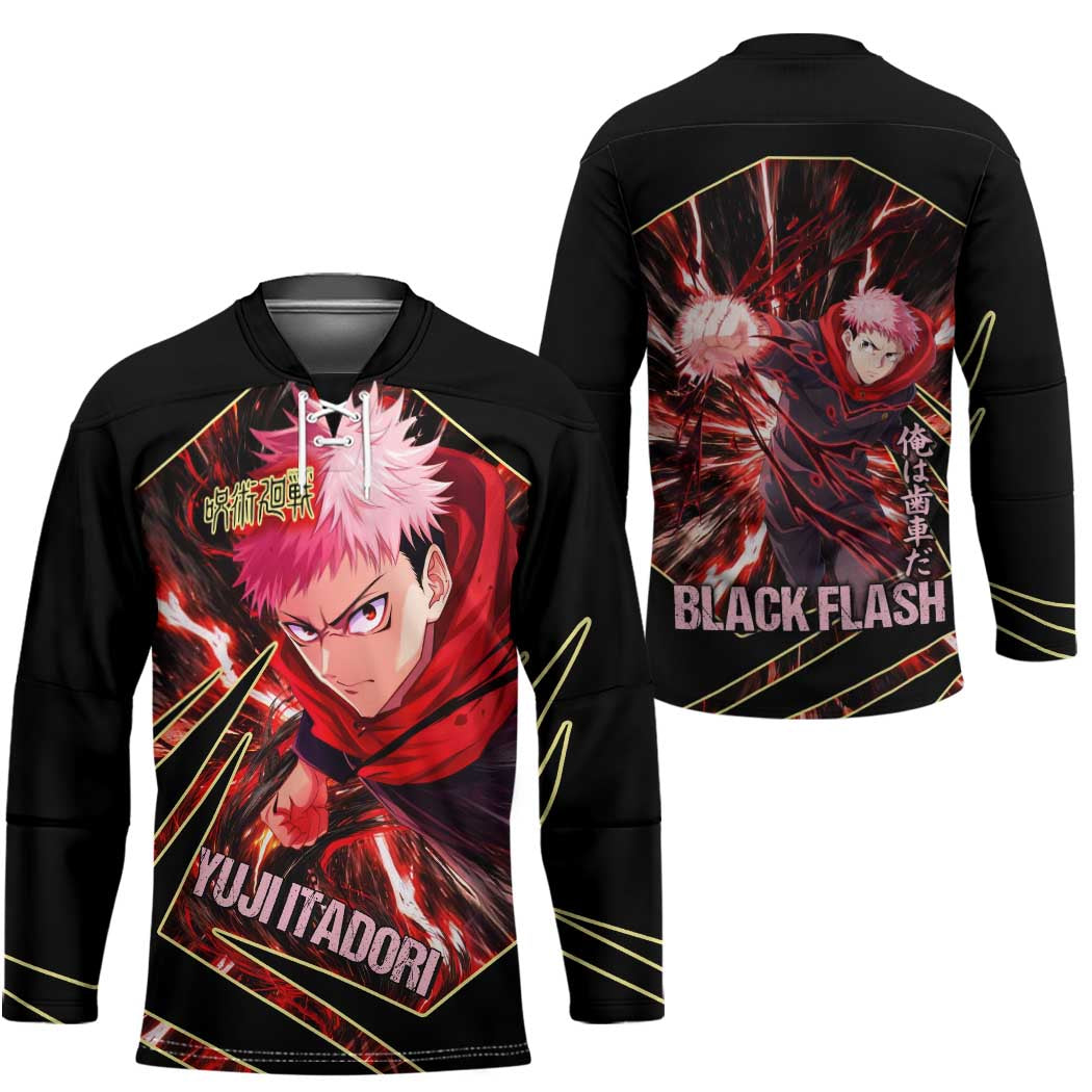 Yuji Itadori Black Flash Hockey Jersey Dynamic Cursed Energy Burst Style